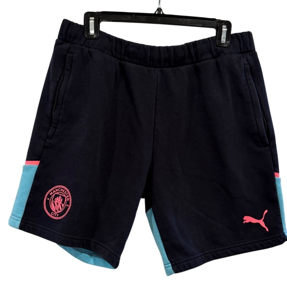 Puma Manchester City FC Mens Fleece Shorts Navy Blue Pink Size Medium 7in Inseam